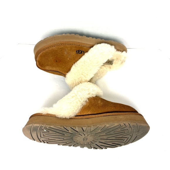 UGG Disquette Platform Slippers Chestnut Brown Suede Sheepskin Lined Fluffy 8 - Picture 6 of 9